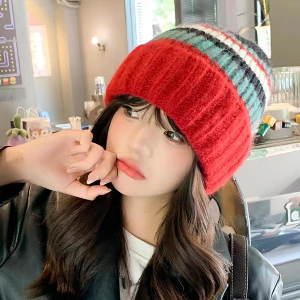 Fashion Color Blocked Knitted Wool Beanies for Women Stripe Ear Protection Skullcaps Autumn Winter Cold-proof Pullover H