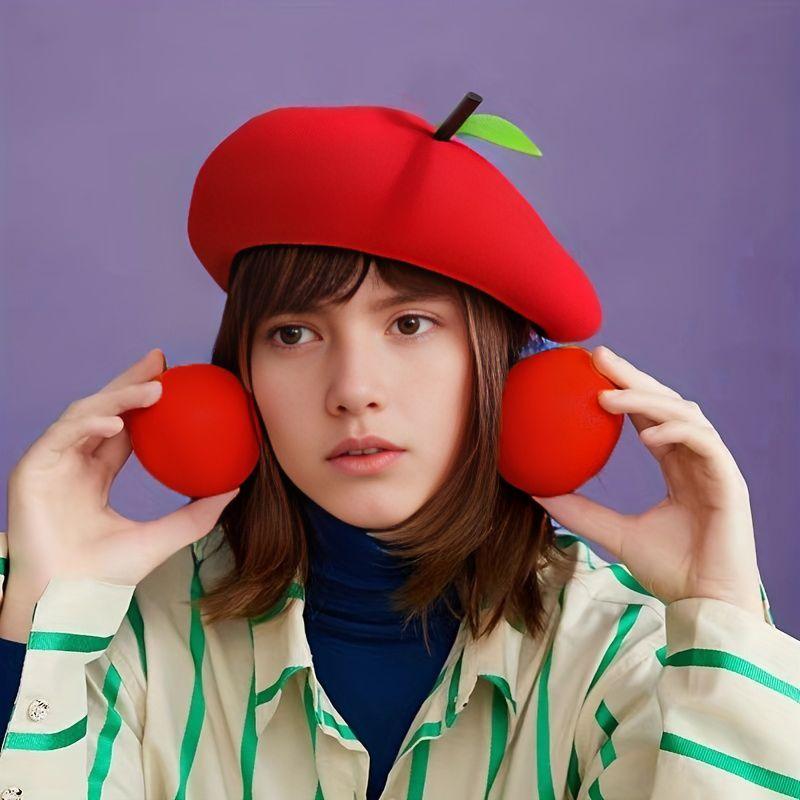 Women's Hat Painter Hat Cute Little Leaf Beret Hat Fruit Apple Orange Beret Spring and Summer Breathable