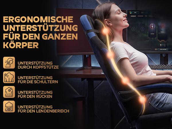Gaming Chair height-adjustable desk chair with neck cushion & back cushion, PC gaming with 360 degrees and quiet casters, office chair for home office