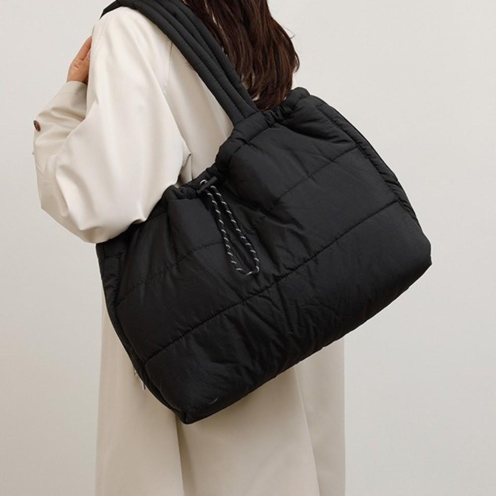 Versatile Puffy Quilted Tote Bag Down Large Capacity Underarm Bags Drawstring Shoulder Bag Casual