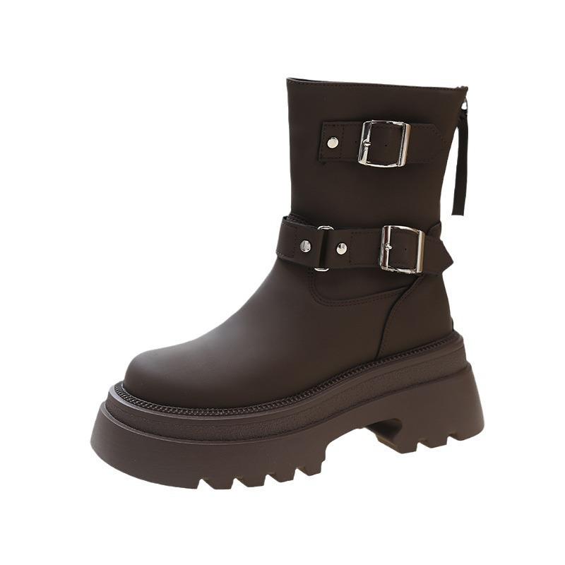 Retro Thick Bottom Short Boots For Women  New Style Belt Buckle Western Cowboy Boots Round Head Middle Tube Thick Heel Boots