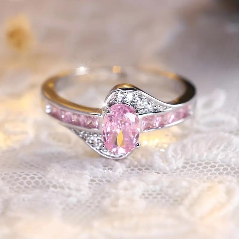 Vintage Female Oval Cut Pink Stone CZ Ring Silvery Color Engagement Ring Bride Wedding Rings for Women