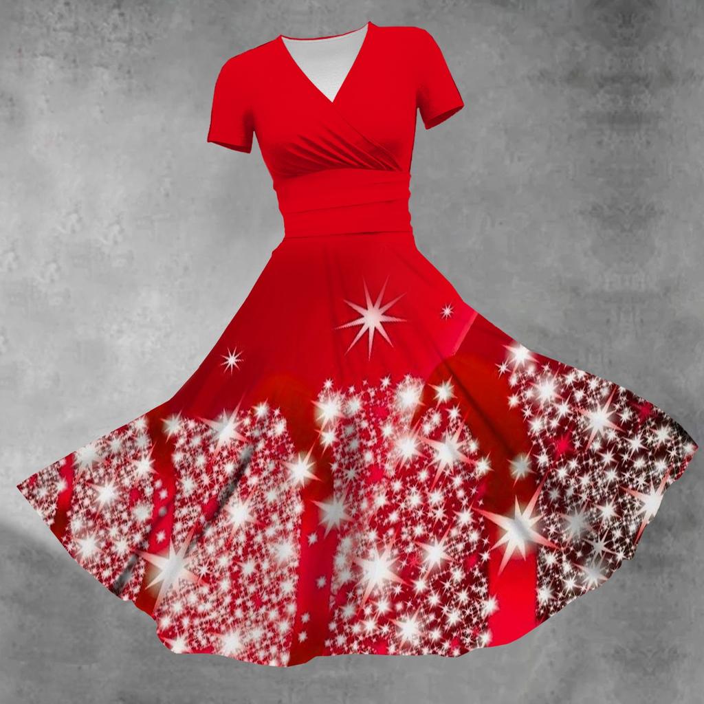 Dámské princeznovské šaty Sexy V-výstřih Vánoční potisk Krátký rukáv Rozšířené šaty