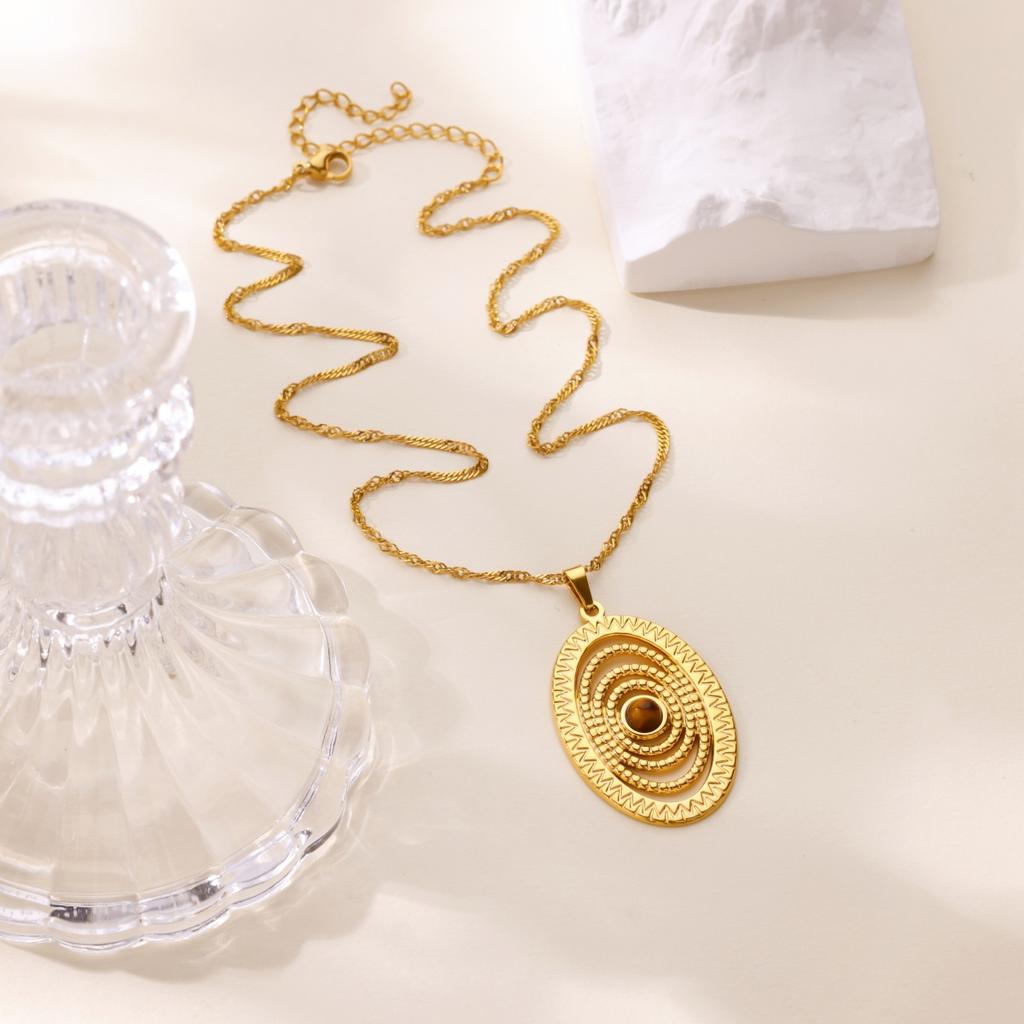 Stainless Steel Cat Eye Stone Threaded Necklace For Women Men Gold Color Oval Pendant Necklace Vintage Jewelry Accessories