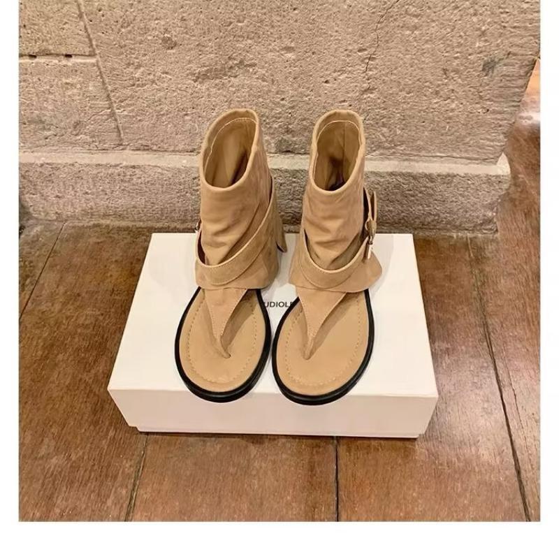 Fashion Toe Cool Boots Cover Boots Women's Summer New Leather Fashion Round Head Herringbone Locomotive Sandals