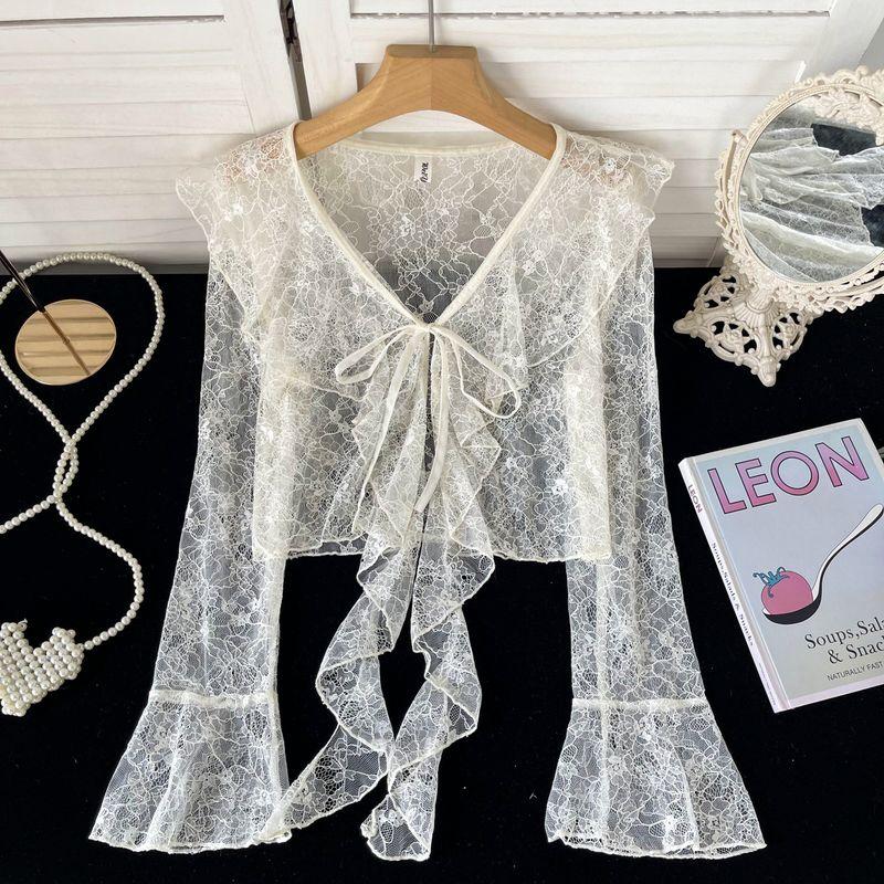 

Sweet Gentle Atmosphere Bell Sleeve Sun Protection Shirt Women s Summer Lace up Lace Ruffles Ribbon Design Shawl Blouse Apricot color One size