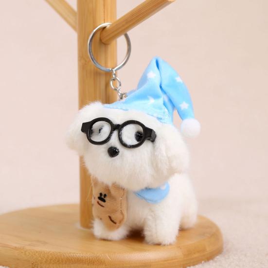 Sleeping Glasses Dog Plush Keychain Cute Puppy Backpack Charm with Wizard Hat & Bib Soft PP Cotton Stuffed Doll Gift for Dog Lovers
