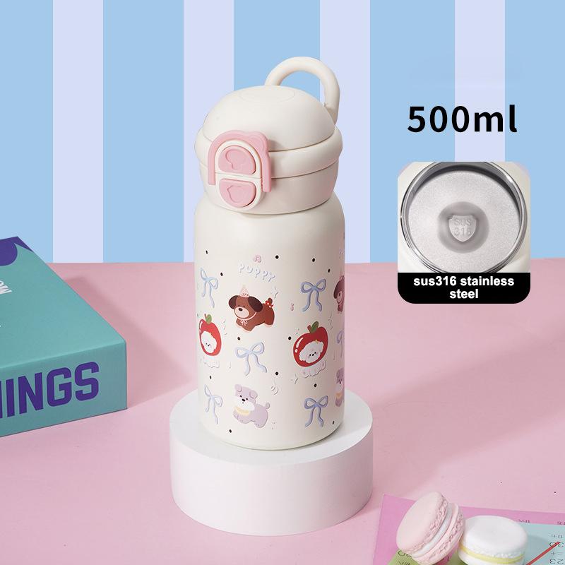 

500 мл Вакуумная кружка Мультяшный щенок Зимняя из нержавеющей стали Двойная питьевая Изолированная кружка Подарок на день рождения белый