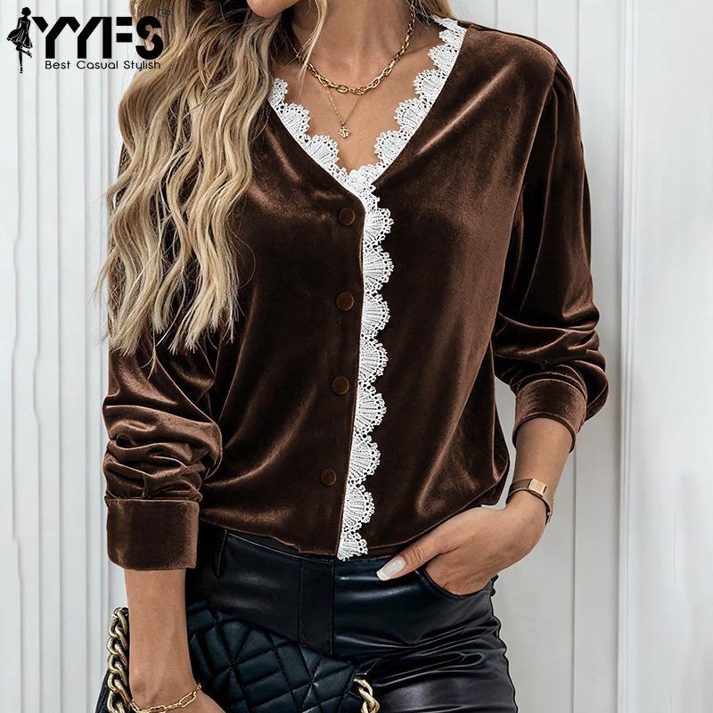 YYFS Women's Fashion Casual Spring Autumn Lace Print Long Sleeve V-Neck Blouses & Shirts