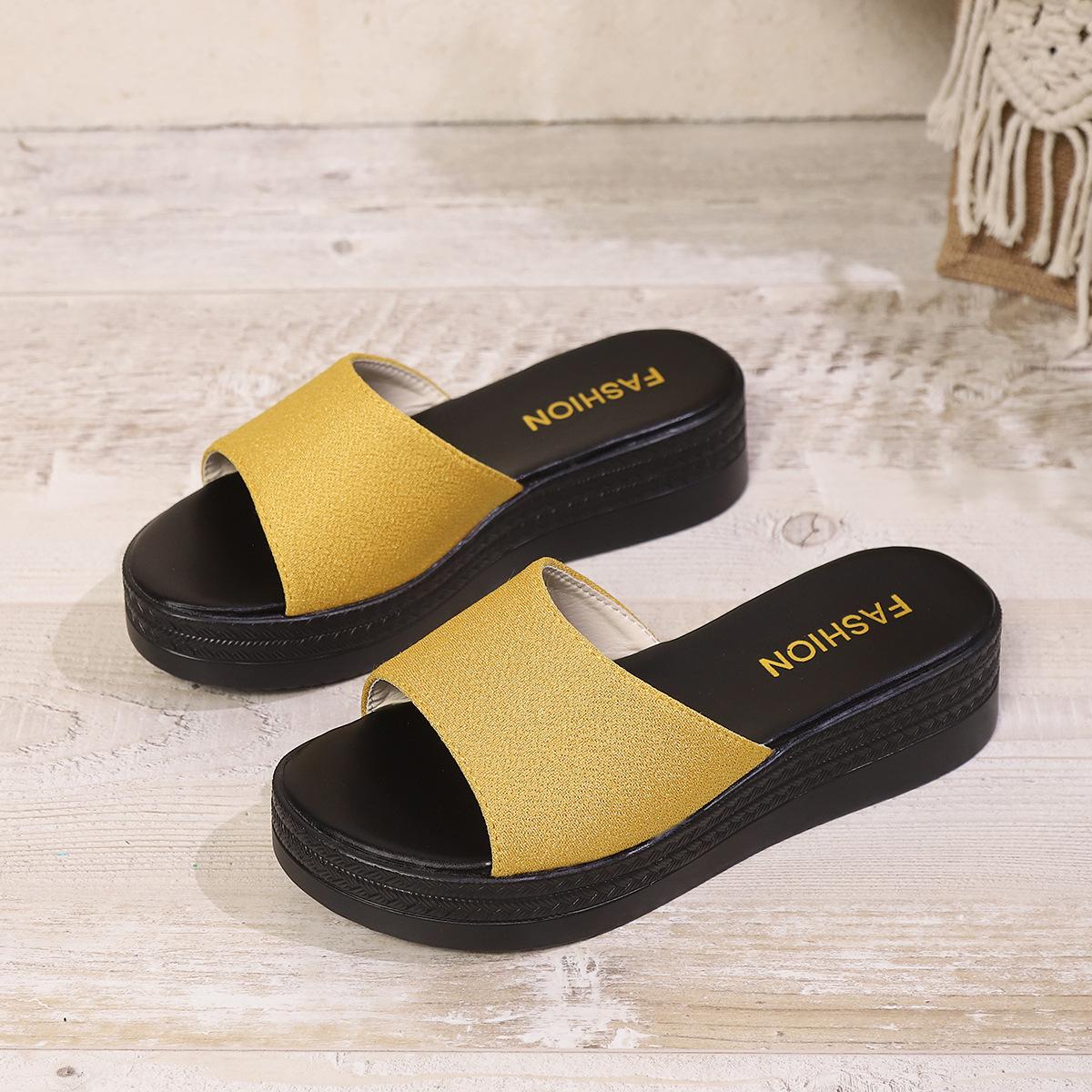 

Summer muffin thick bottom slope heel slippers are beautiful, wearing fish mouth one-word slippers 43 жовтий