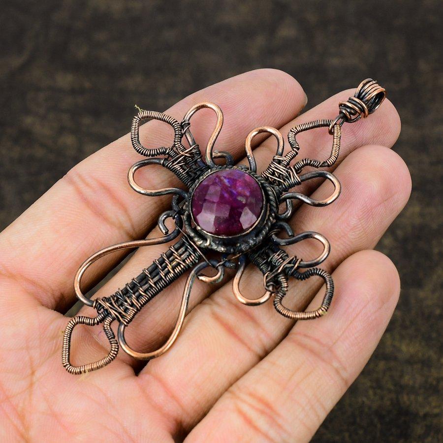 Ruby Natural Gemstone Handmade Copper Wire Wrap Jewelry Pendant 3.55" Y7j05