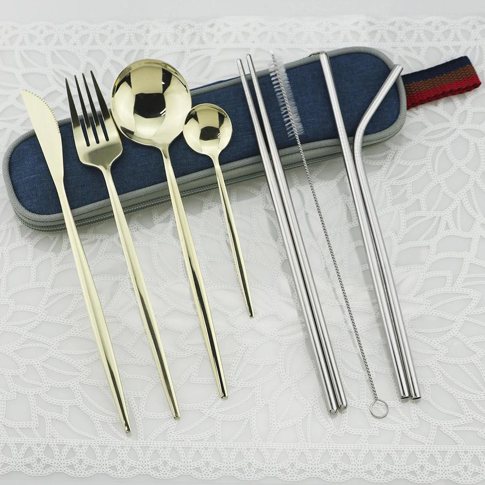 9pcs/Set Travel Cutlery Set Portable Gold Dinnerware Set Stainless Steel Tableware Set With Metal Straw Brush Chopsticks Bag