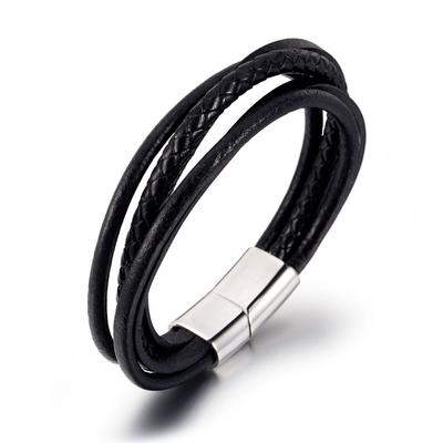Nueva pulsera tejida de cuero de vaca negro de múltiples capas de acero y titanio para hombres