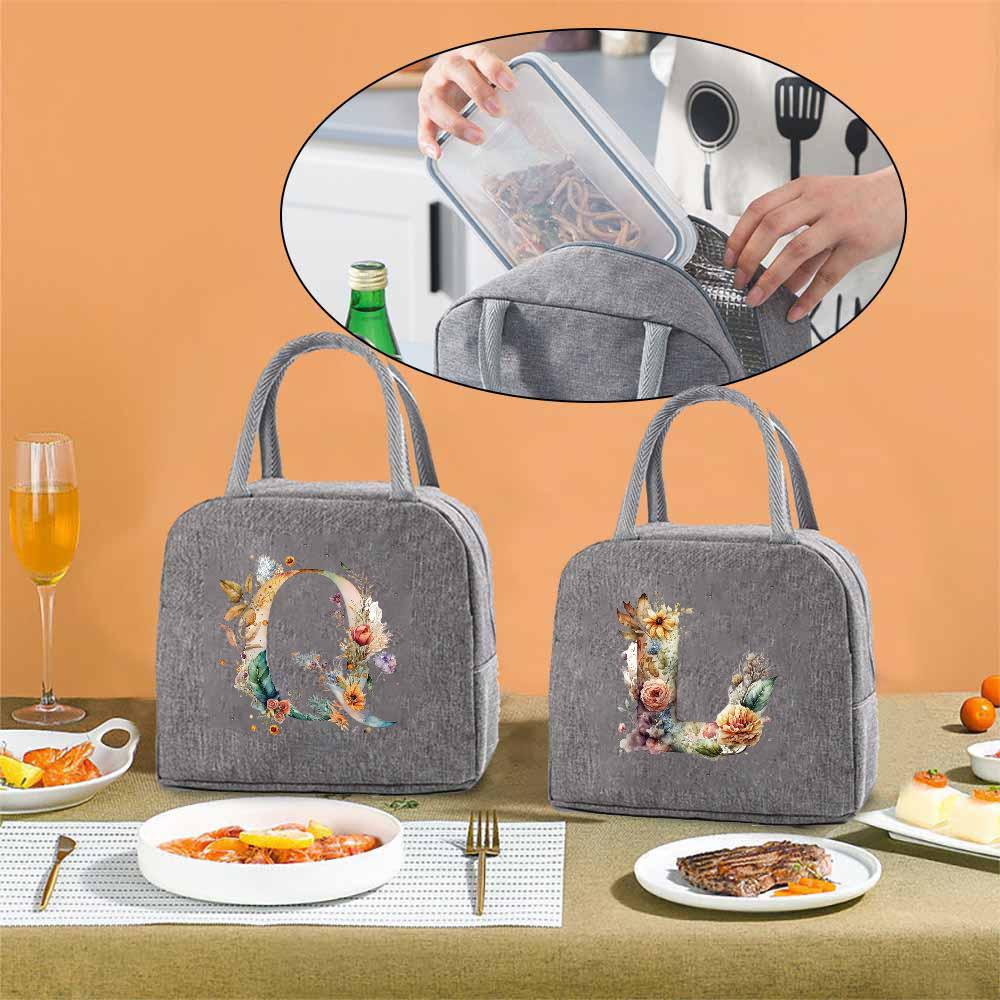 Tragbare Lebensmittelisolierung für Studenten auf Reisen Blumiger Briefdruckbox Picknick Wasserdichter Oxford Reißverschluss Isolier-Lunchtasche