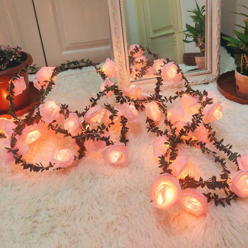 LED Solar Rose Flower String Lights with Green Leaf Vine for Romantic Indoor/Outdoor Decor