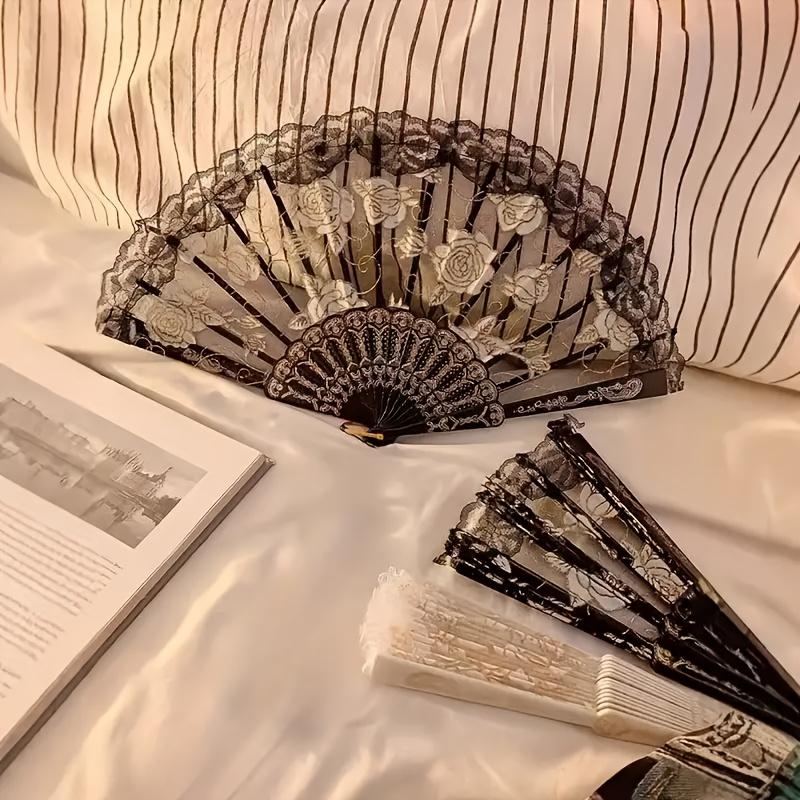 3/1pcs Vintage Lace Folding Fan Good Photography Prop Mesh Floral Rose Embroidery for Wedding Halloween Masked Ball Party Gift