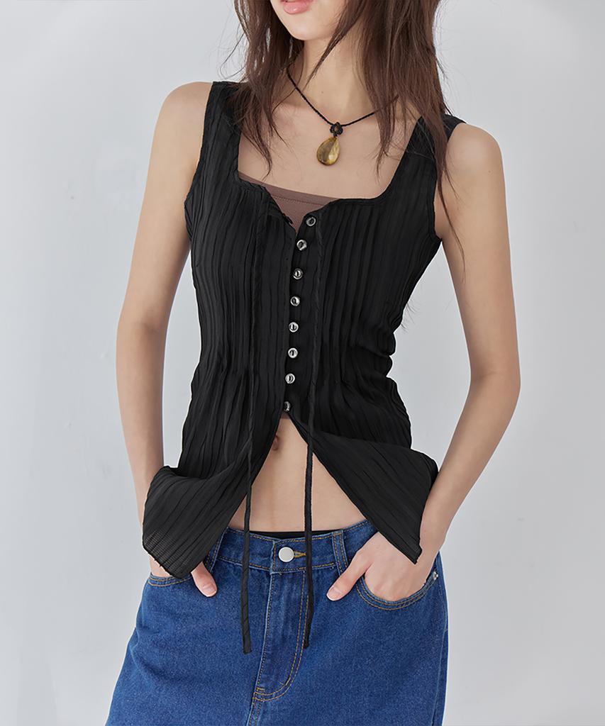 Leondeondada Wrinkle Tie Sleeveless Blouse, Black