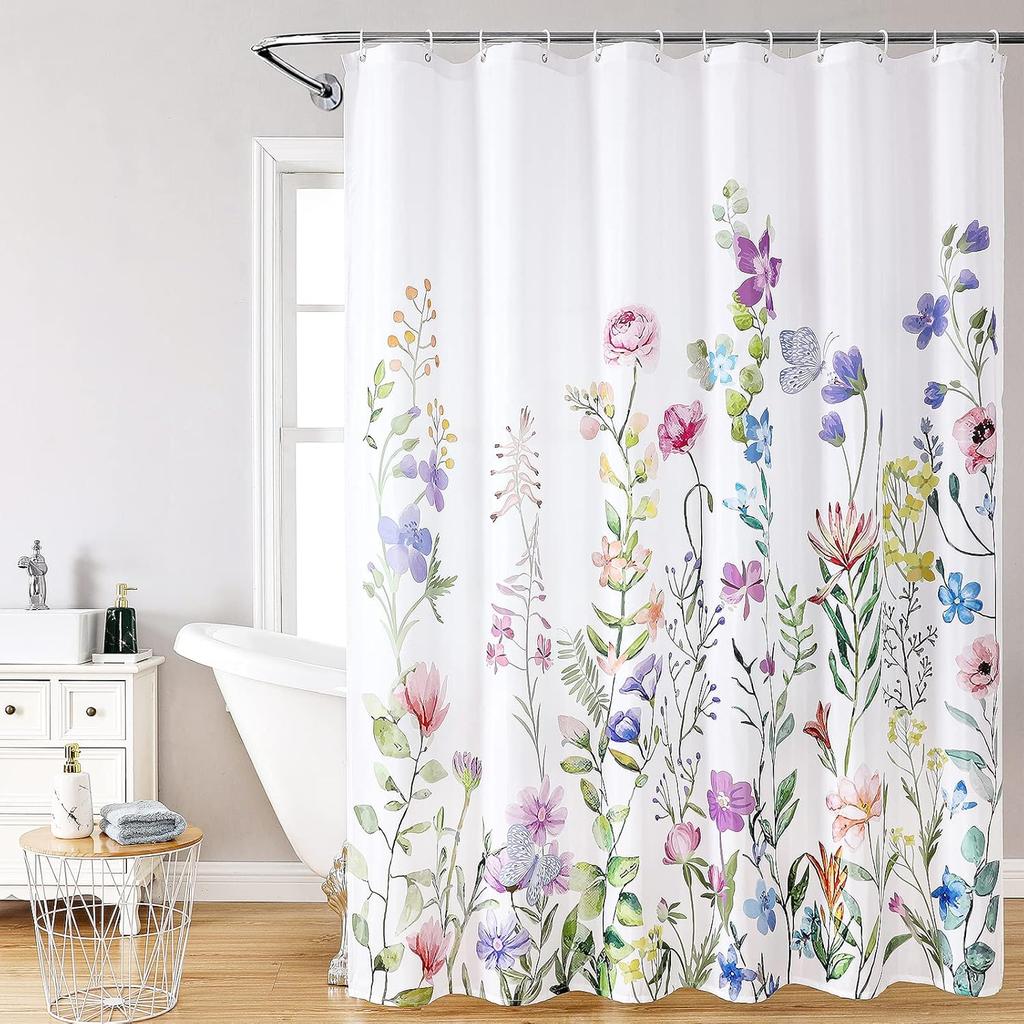 Floral Bathroom Shower Curtain with 12 Hooks,  Polyester Fabric Plant Shower Curtain for Bathroom,  Machine Washable Quick Dry