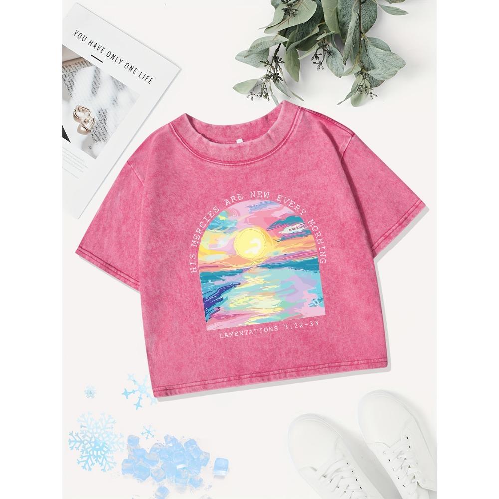 Summer Cotton Crop Tops Women His Mercies Are New Every Morning Prints Washed T-Shirt Regular Fit Tees Casual Clothes