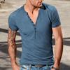 V-Neck Short Sleeve Buttons Half Placket Thin Men T-shirt Summer Solid Color Slim Fit Sport Top Streetwear