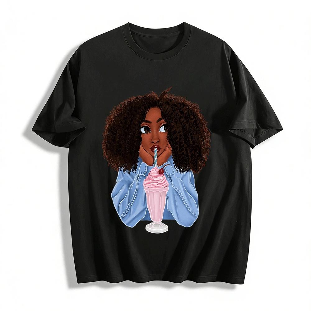 

Vintage Curly Girl Milkshake Print Casual Top Pure cotton T-shirt XXS