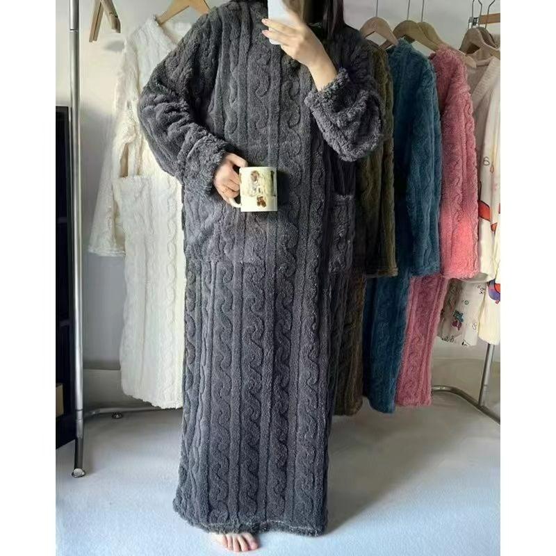 Plus Velvet Thickened Flannel Doll Collar Pajamas Women's Autumn and Winter Cute and Sweet Coral Fleece Home Service Suit Can Be Worn Outside