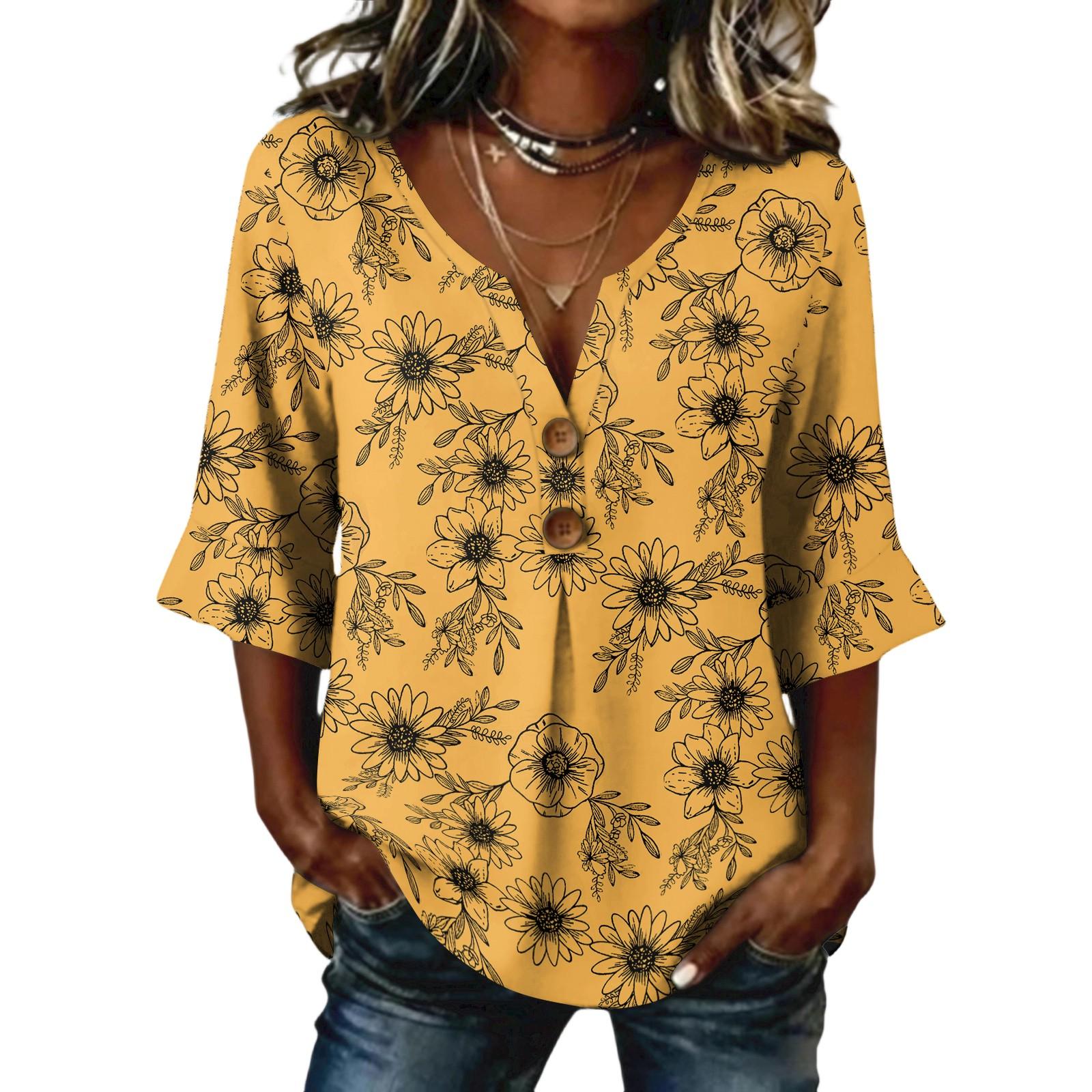 

Ladies floral print button casual V-neck fashionable seven quarter sleeve top XL жовтий