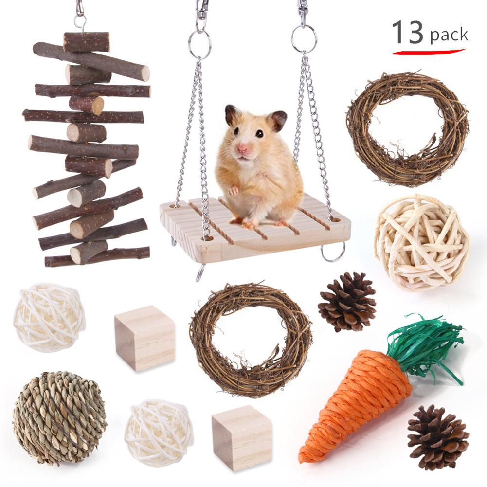 Wooden Hamster Toy Grass Ball Set Bite-resistant Molar Cleaning Tooth Toys Interactive Games Props Pet Supplies For Rabbit Guinea Pig