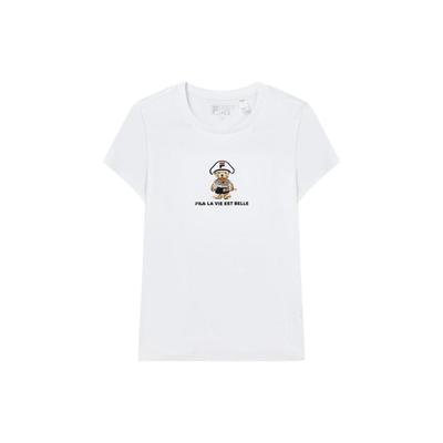 Cartoon Bear Print Round Neck Short Sleeve T-Shirt Women Tops White F11W218110FWT