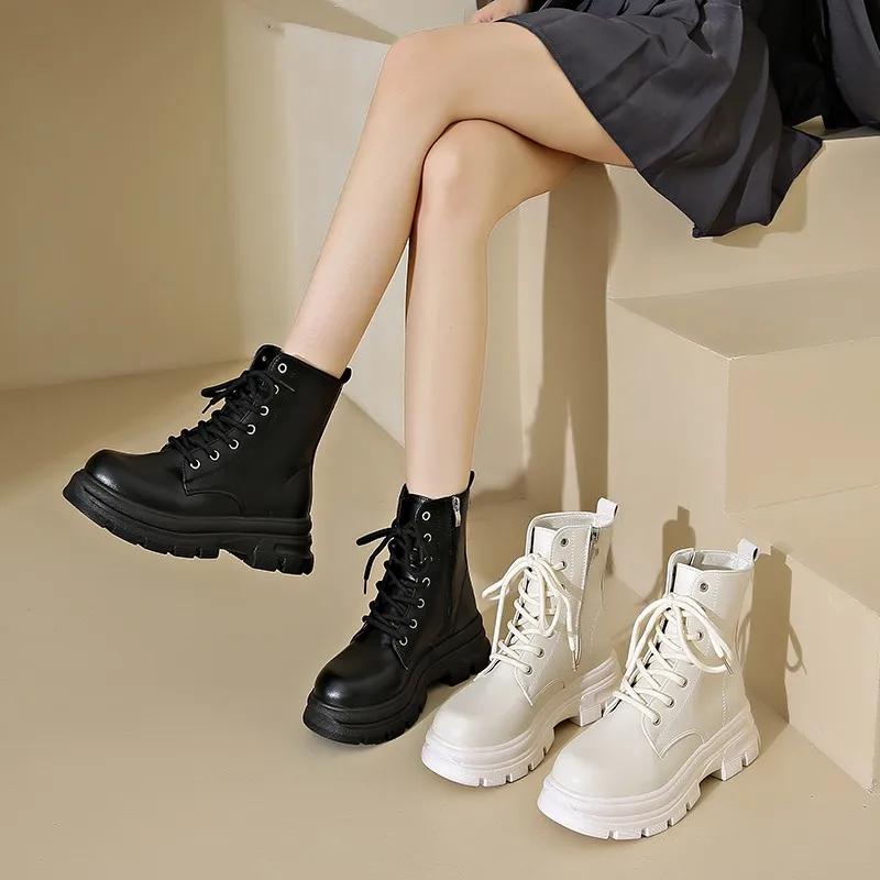 Women Ankle Boots Real Leather Thick High Heels Shoes Fall Winter  Platform Short Booties Casual Dress