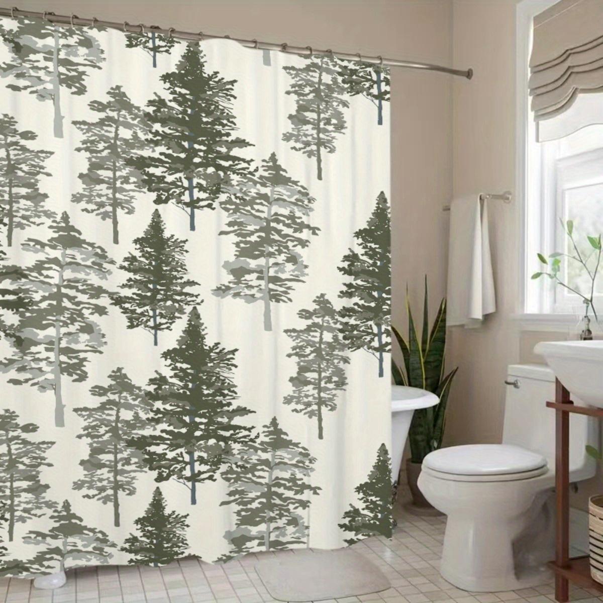 Green Tree Pattern Shower Curtain   Non-Perforated Rings, Artistic Digital Print for Serene Forest Atmosphere W90xH180cm