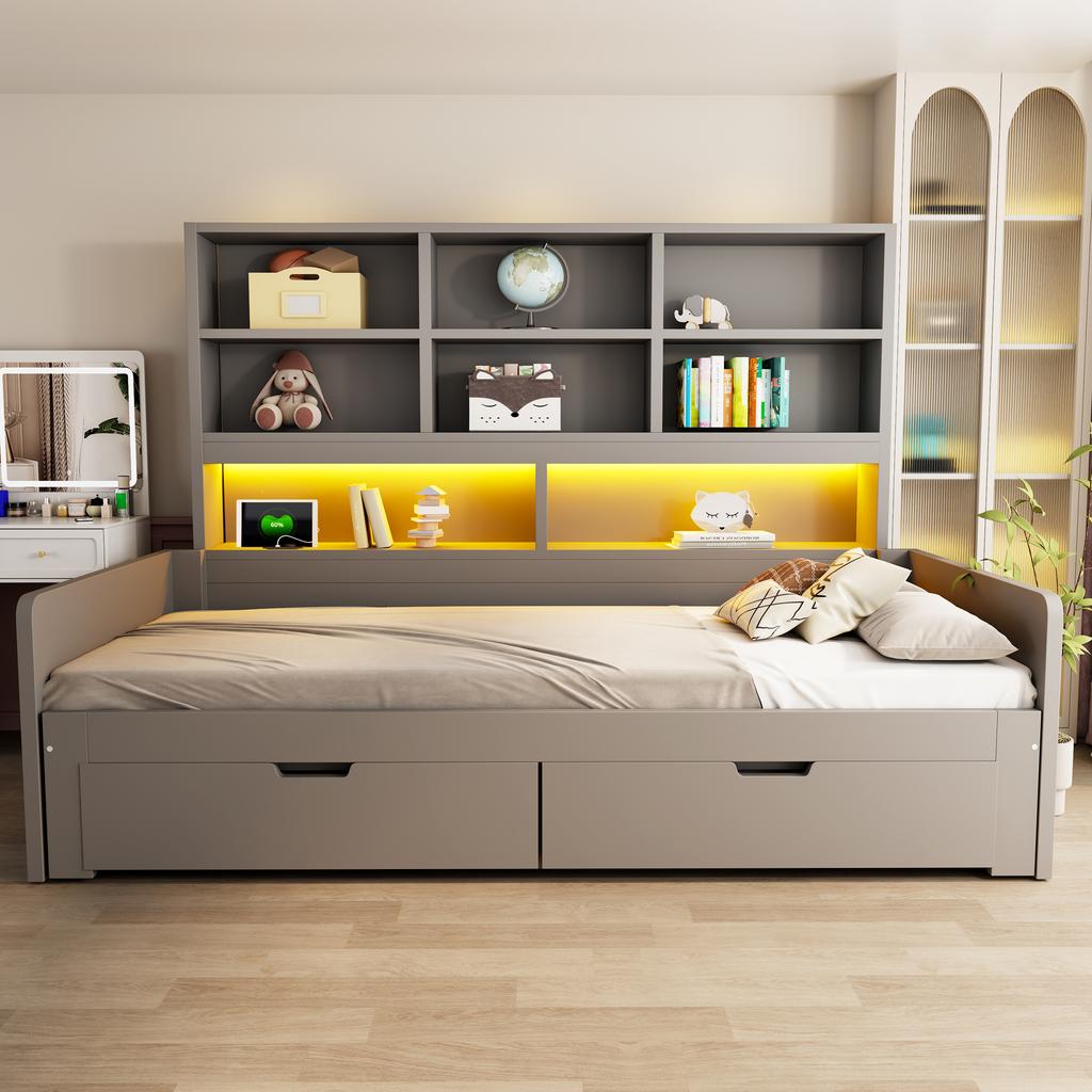 Wooden Sofa Bed 90/180 x 200 cm, Pull-Out Bed, LED Lighting, Youth Bed Frame With Sockets, Open Storage Compartments and Drawers, Grey