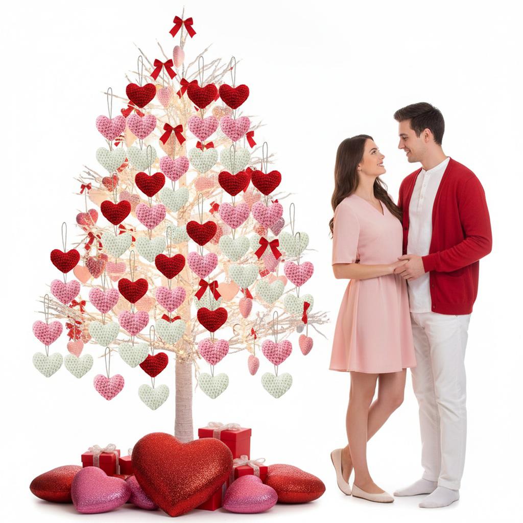 12Pcs Knitted Heart Ornaments Handmade Knitted Crochet Heart Tree Ornament for Home Christmas Tree Party Decor