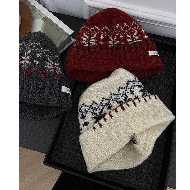 All Wool Fair Island Jacquard Hat for Women A Retro Woolen Knitted Cold Hat with A Winter Atmosphere