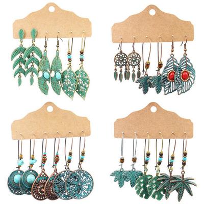 3Pairs Women Hollow Leaf Teardrop Round Dangle Ear Stud Hook Earrings Jewelry