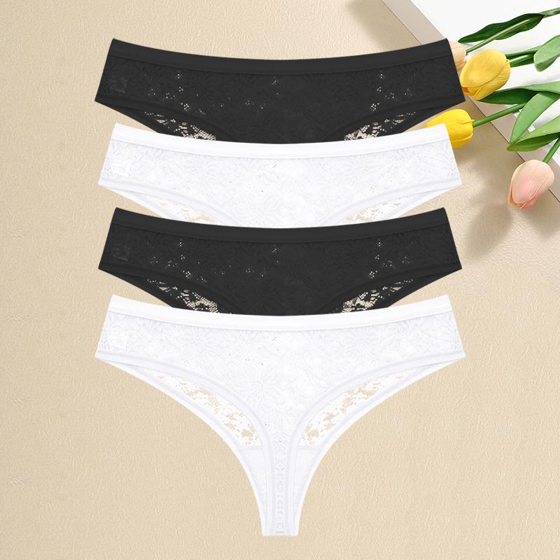 4Pcs Lace Hollow Out Thongs Underwear Women Floral Print Panties Sexy Low-Waist G-String Girls Soft Perspective Lingerie