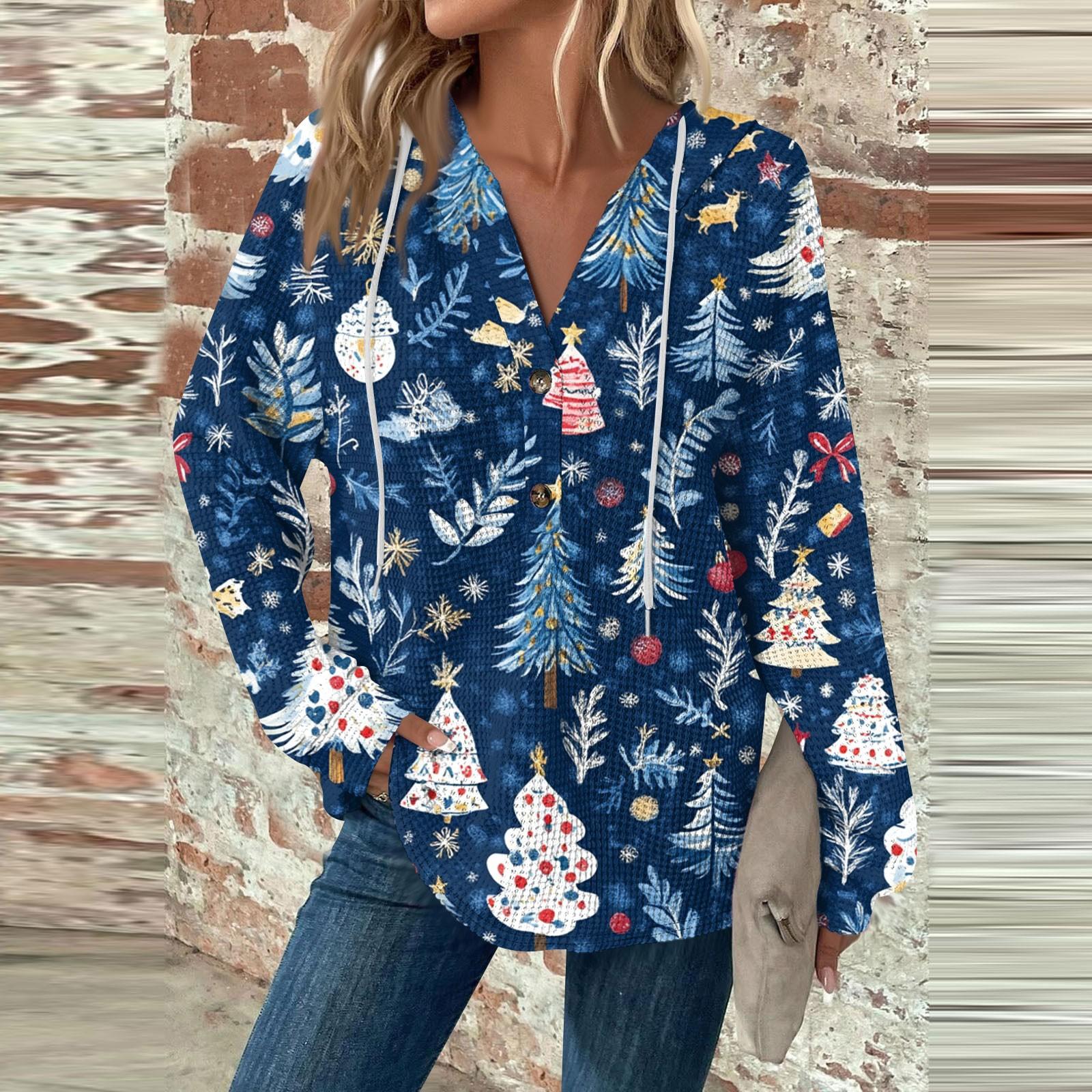 

Женский повседневный топ с длинными рукавами, пуговицами, V-образным вырезом, рождественским принтом, завязками и капюшоном M синий