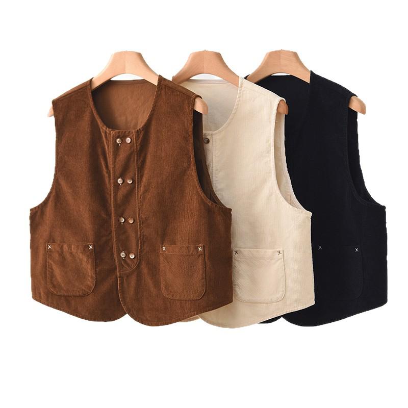 Women's Double-Breasted Corduroy Vest: Versatile Loose Fit, Sleeveless Fashion with Shoulder Pads, Autumn Collection.