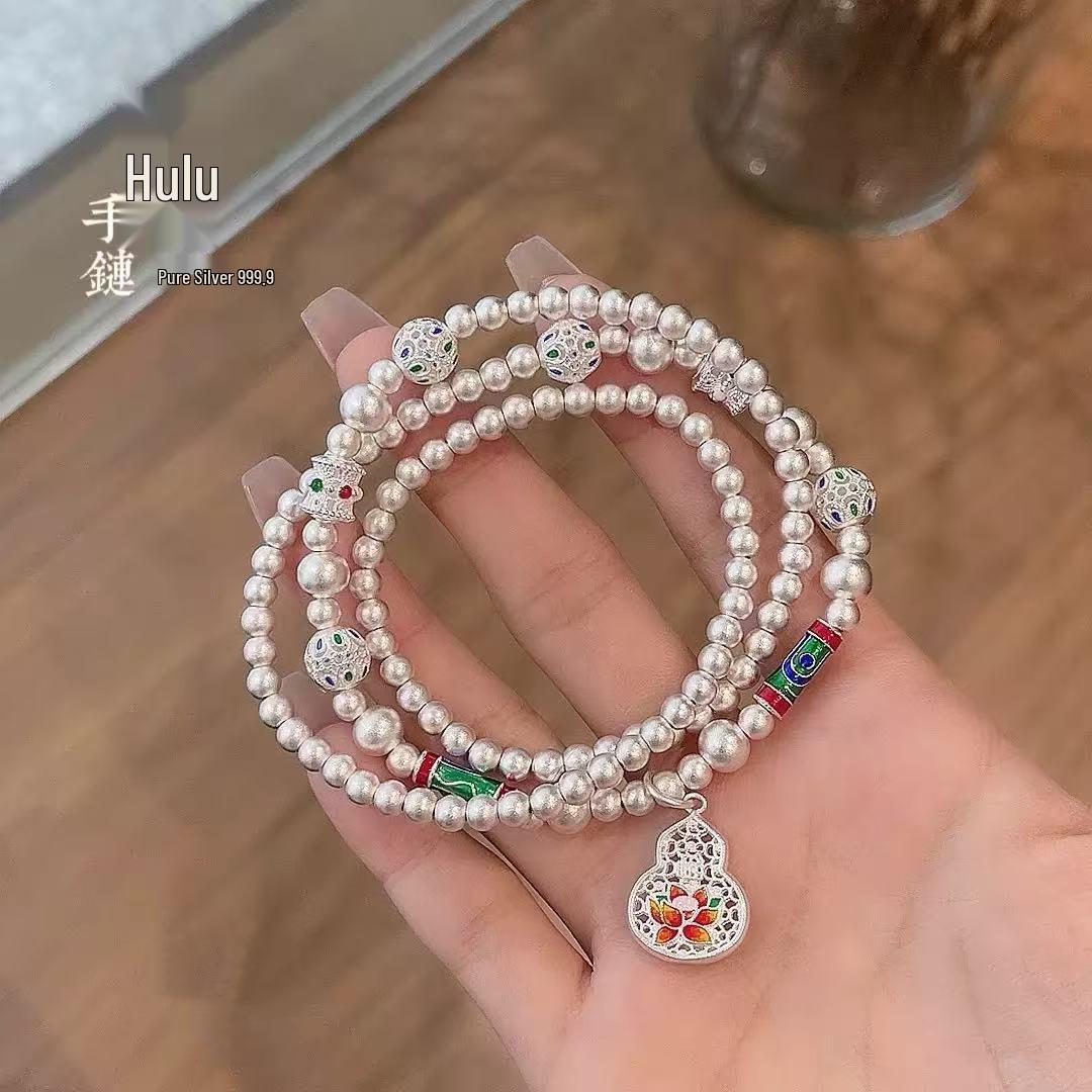 

Douyin Live Copper-Plated Silver Enamel Beaded Gourd Bracelet for Women - National Style Versatile Bangle