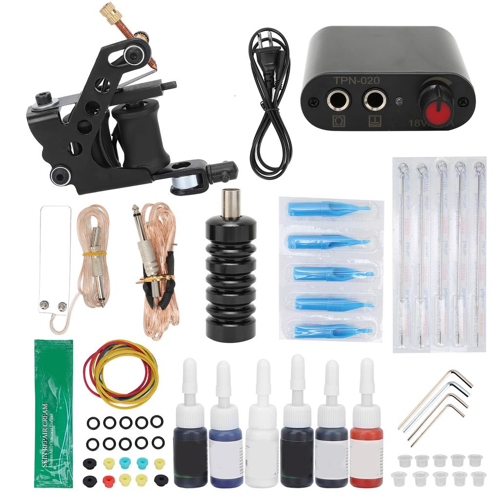 Complete Tattoo Kit Tattoo Coil Machine Set Tattoo Power Supply Tattoo Accessories 90‑265VUS Plug