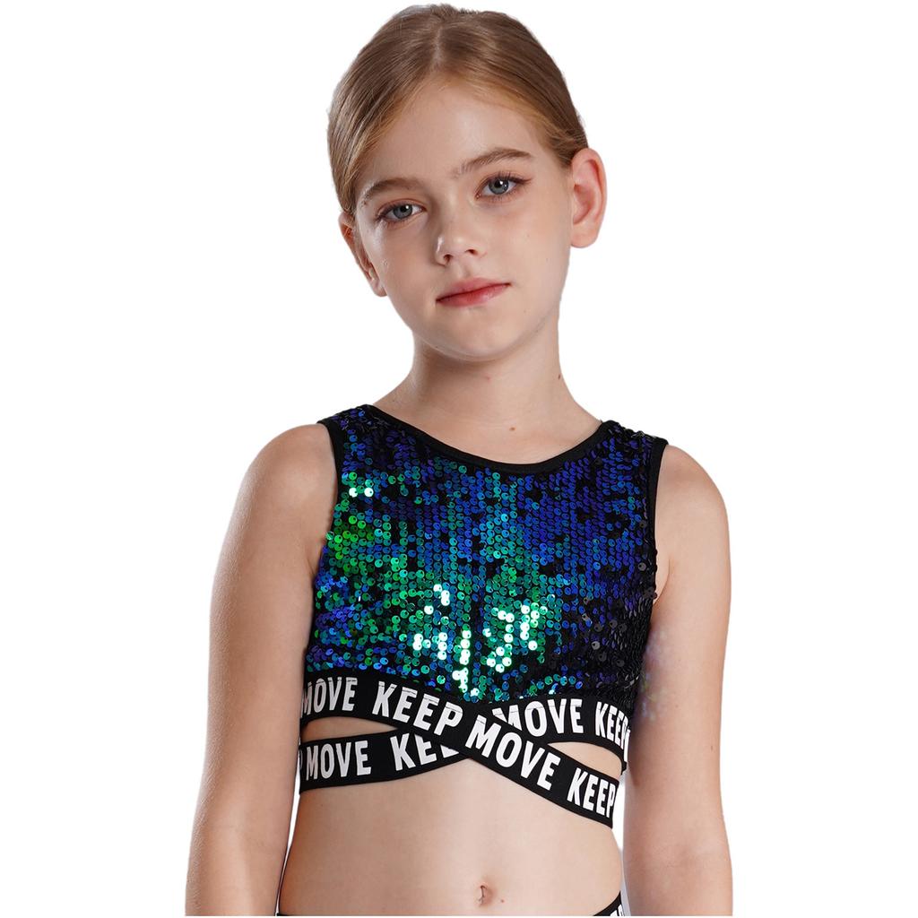 Girls Shiny Sequin Sleeveless Round Neck Criss Cross Waistline Crop Top Dance Performance Hip Hop Top