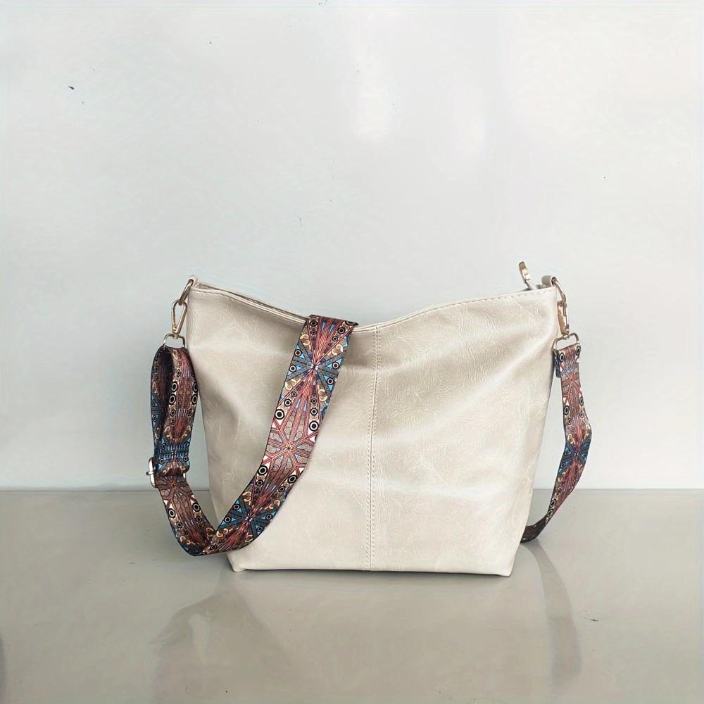 Fashionable wide shoulder strap shoulder bag, retro PU leather women s crossbody bag, casual bucket bag