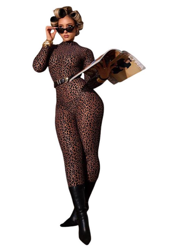 Leopard Print High-Waisted Slim-Fit Long-Sleeve Jumpsuit for Women