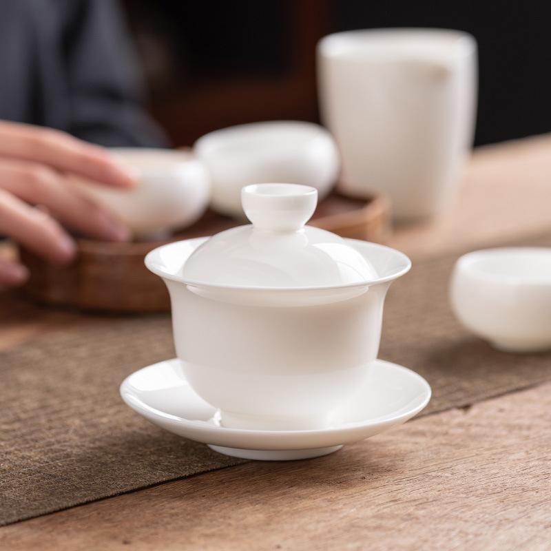 Light luxury suet jade cover bowl White porcelain tea bowl with cover Large Kung Fu household tea set Tea enterprise Sancai bowl
