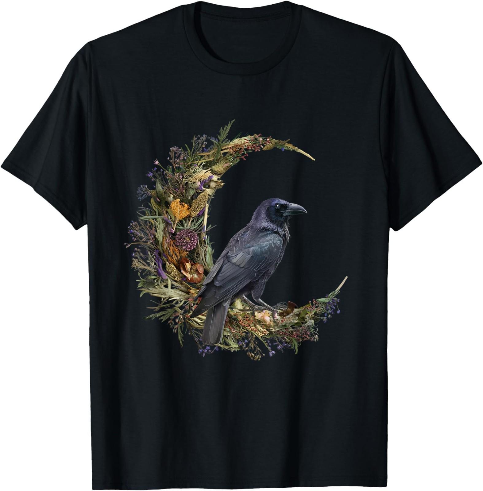 Cottage-Core Halloween Crow Design Witchy Floral Moon Raven T-Shirt XL