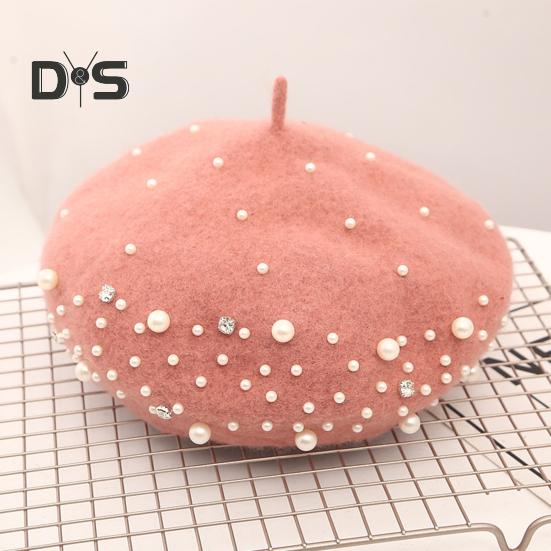 Baskenmütze für Damen, Kunstperlen, Strass-Dekor, Vintage-Wollmütze im englischen Stil, ohne Krempe, einfarbig, verstellbare Träger, Kürbismütze