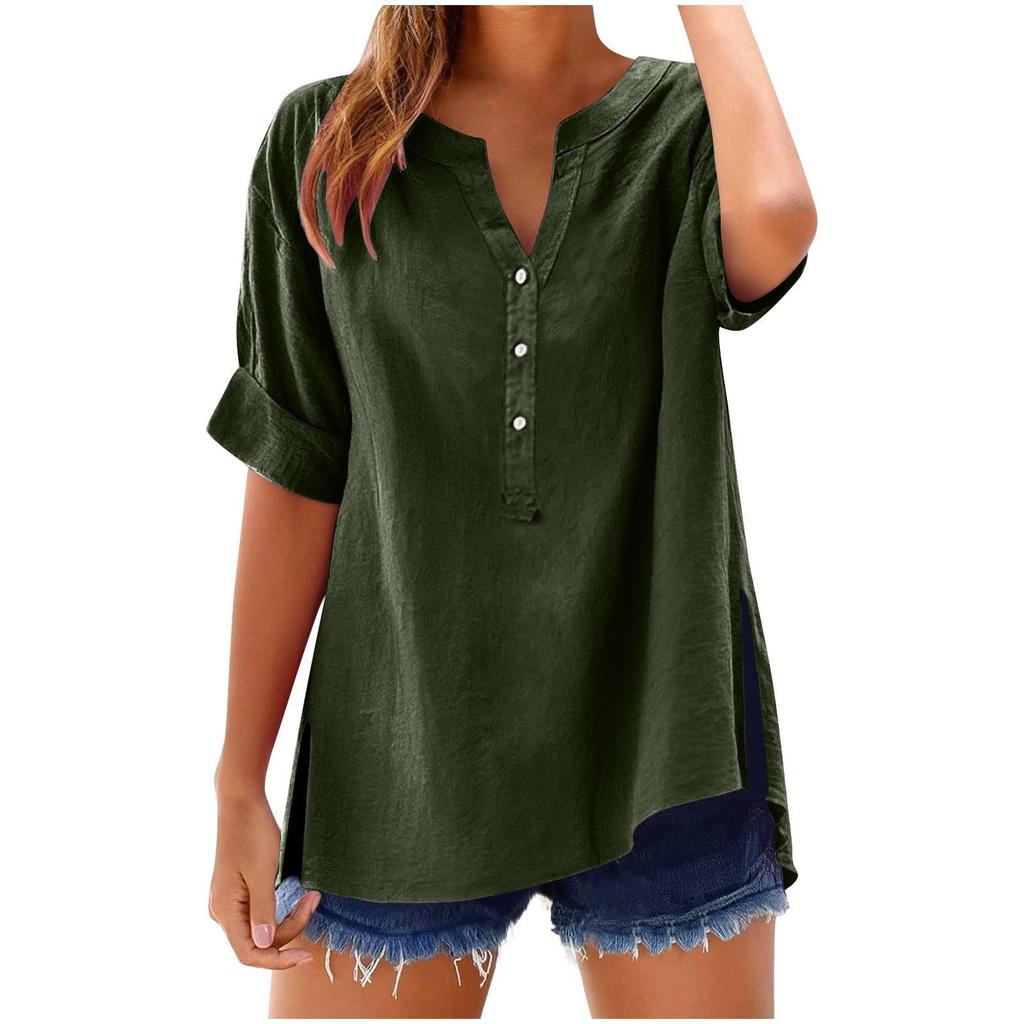 Women's Summer Casual V-neck Button Shirt Solid Color Short Sleeve Hem Split Cotton Blouse
