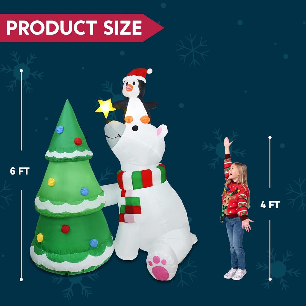JOYFY 6 ft Christmas Polar Bear Inflatable Decoration with Penguin & Xmas Tree Décor for Christmas Party Yard Winter Decoration