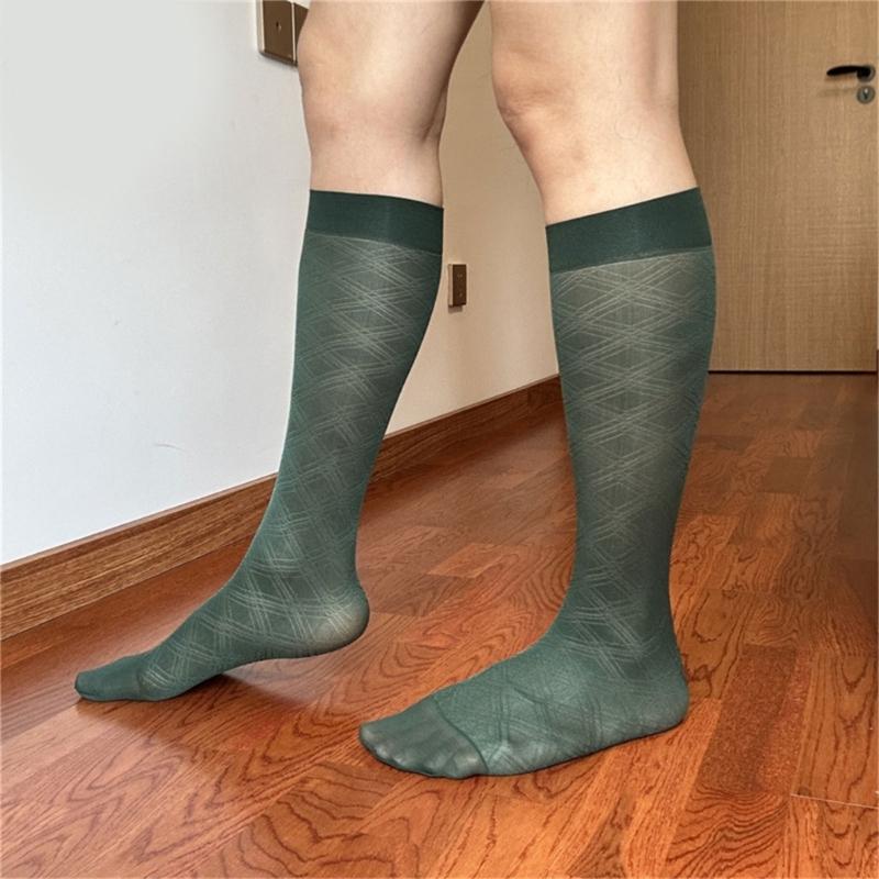 Men's Breathable Nylon Thin Dress Socks with Argyle Pattern Design Middle Calf Business Formal Socks Hosiery Gift
