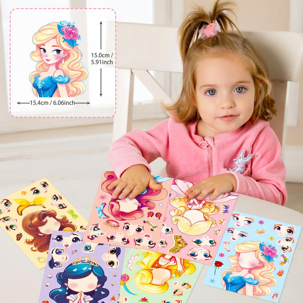 6Sheets Children DIY Puzzle Sticker Games 6 Princess Make A Face Funny Assemble Jigsaw Stickers Kids Educational Toys